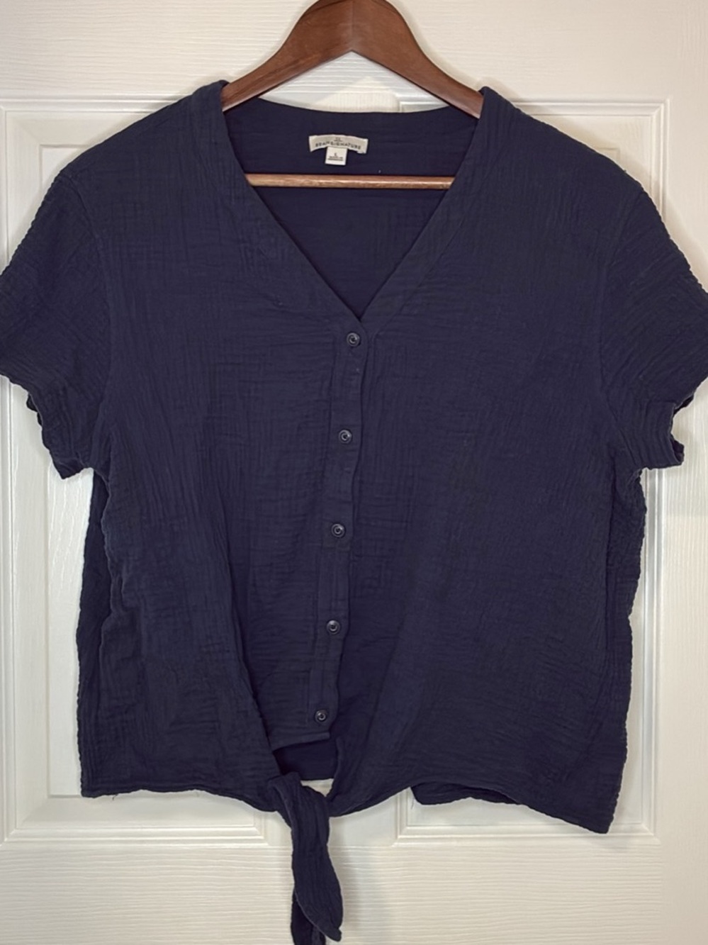 L.L. Bean Navy Short-Sleeve Button Front Tie Hem Top
